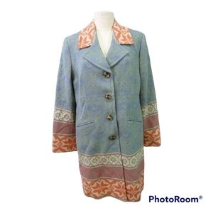 Pendleton Wool Women's Long Green Blue Coral Coat, Size XL, EUC.